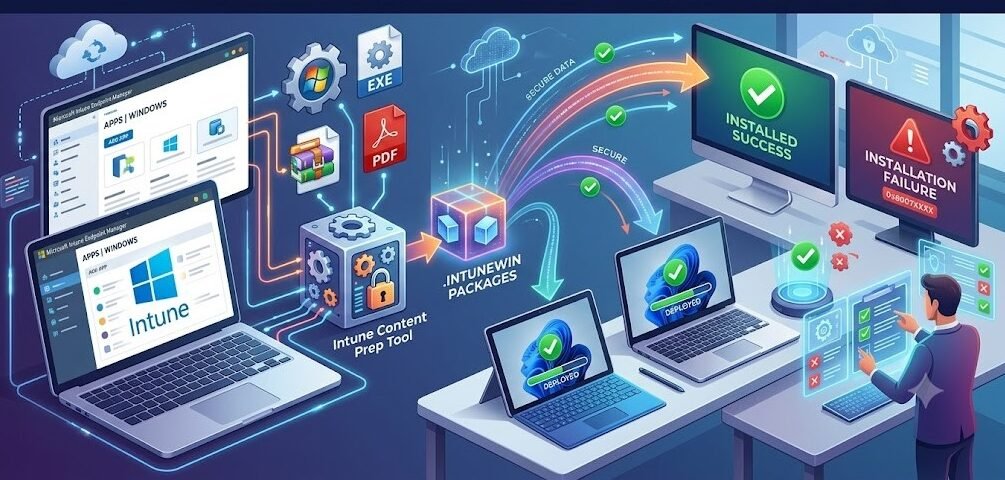 A conceptual 3D illustration showing the step-by-step process of deploying a Win32 application through Microsoft Intune, starting from converting an EXE file using the Content Prep Tool to monitoring successful and failed installations on end-user devices.